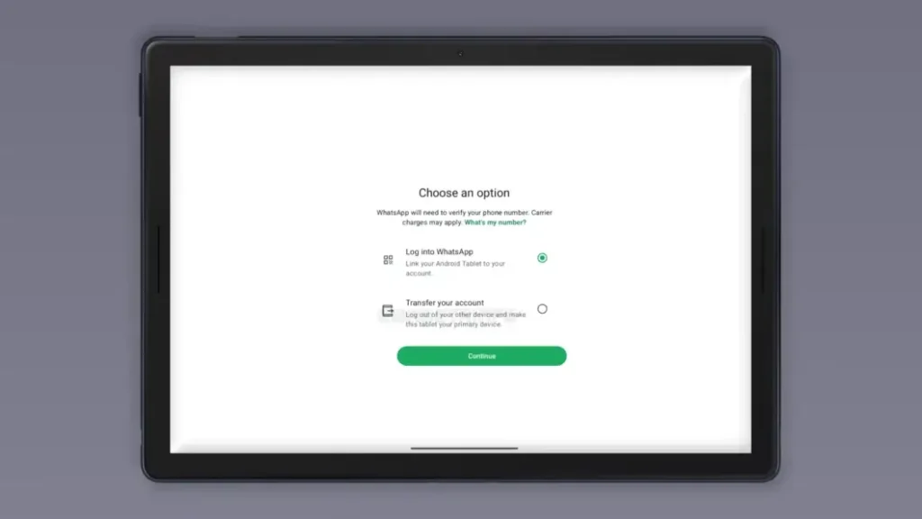 WhatsApp em tablet Android com nova tela para transferir conta ou parear dispositivo