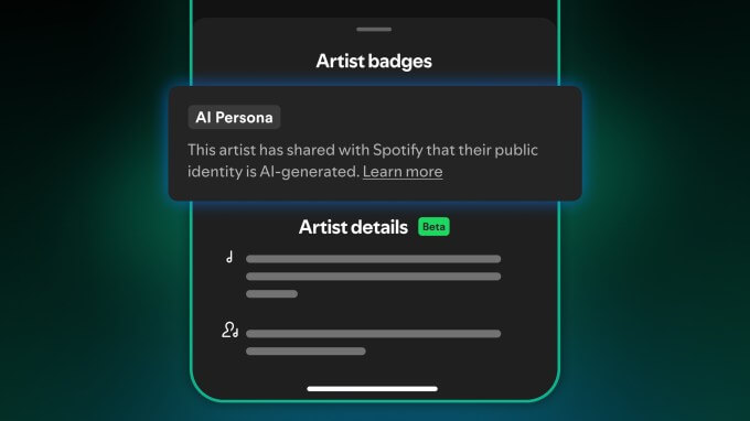 Exemplo do Spotify mostrando identificação AI Persona em página de artista