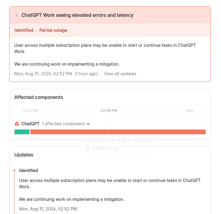 Página de status da OpenAI mostra incidente de alta latência no ChatGPT Work