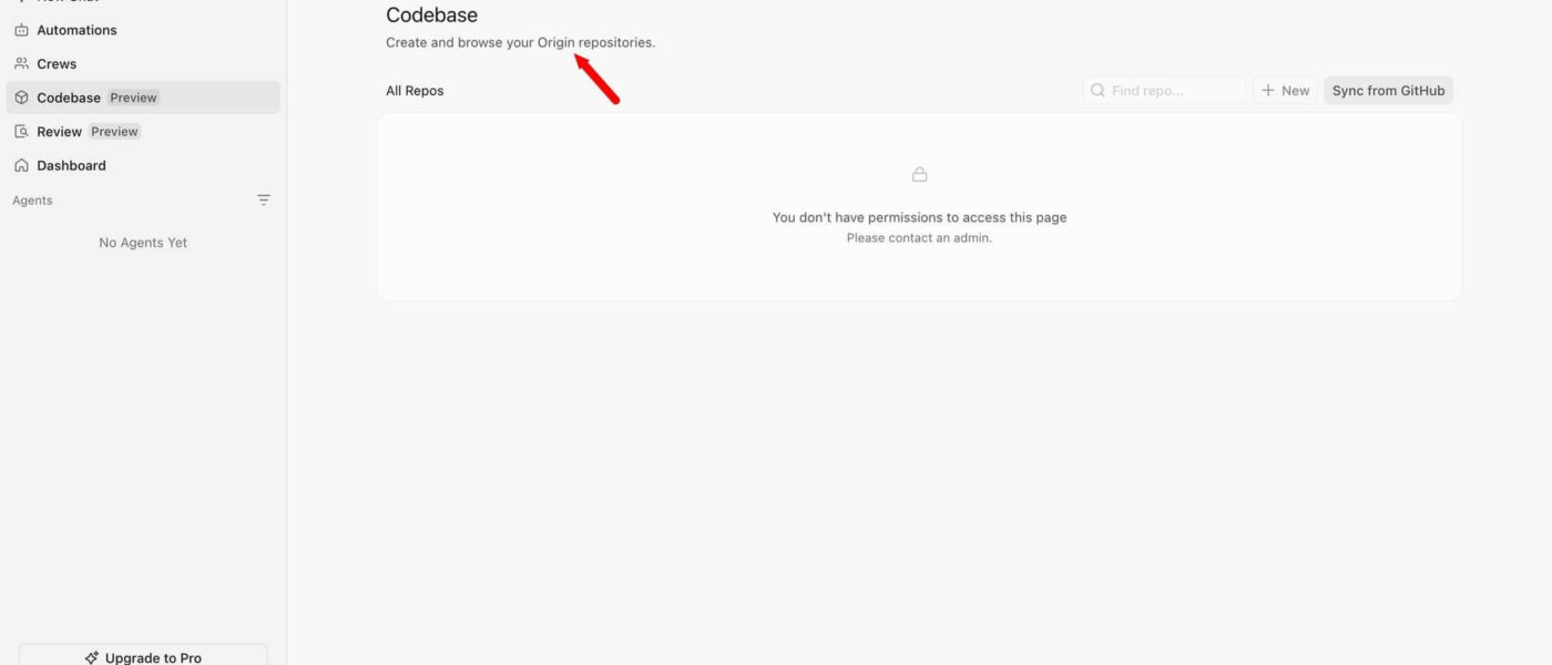 Interface do Cursor Origin para Codebase e revisão de repositórios GitHub