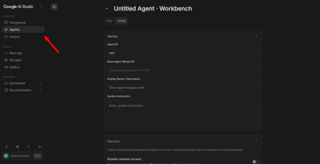 Tela do Google AI Studio com criação e gerenciamento de agentes