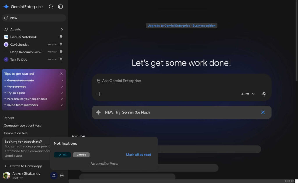 Área de notificações do Gemini Enterprise para respostas e tarefas em fila