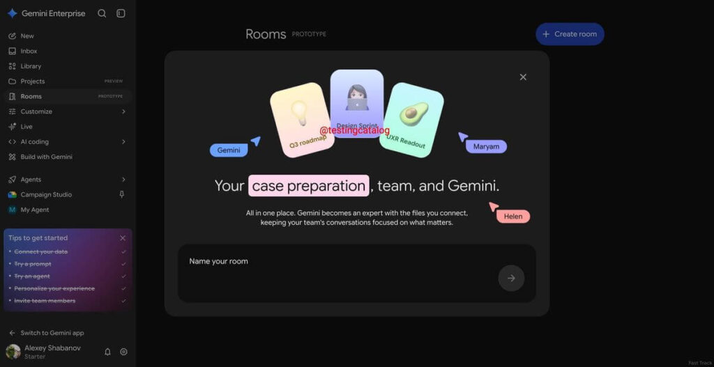 Interface dos Rooms do Gemini Enterprise para colaboração de equipes com arquivos conectados