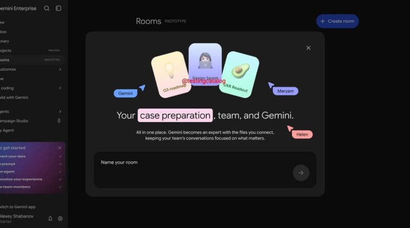 Interface dos Rooms do Gemini Enterprise para colaboração de equipes com arquivos conectados