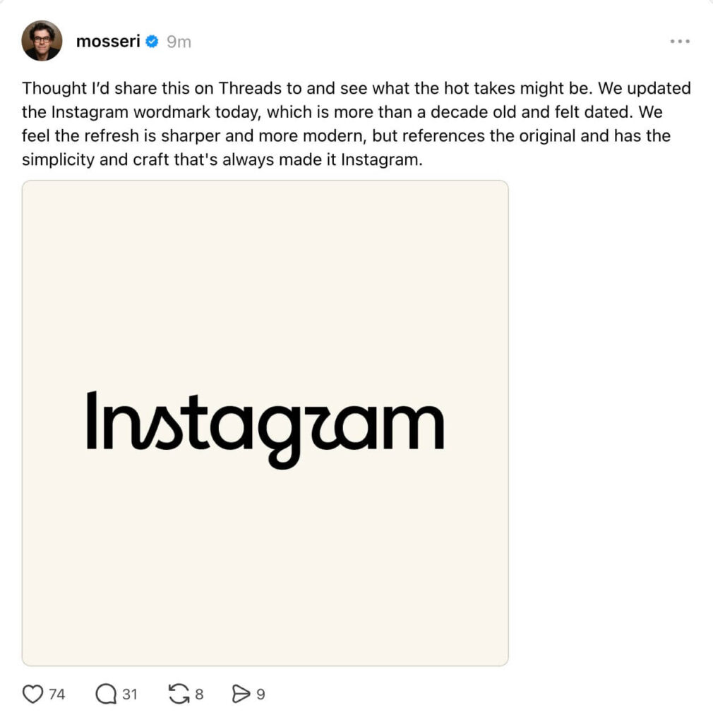 Captura do anúncio de Adam Mosseri sobre o novo logotipo do Instagram