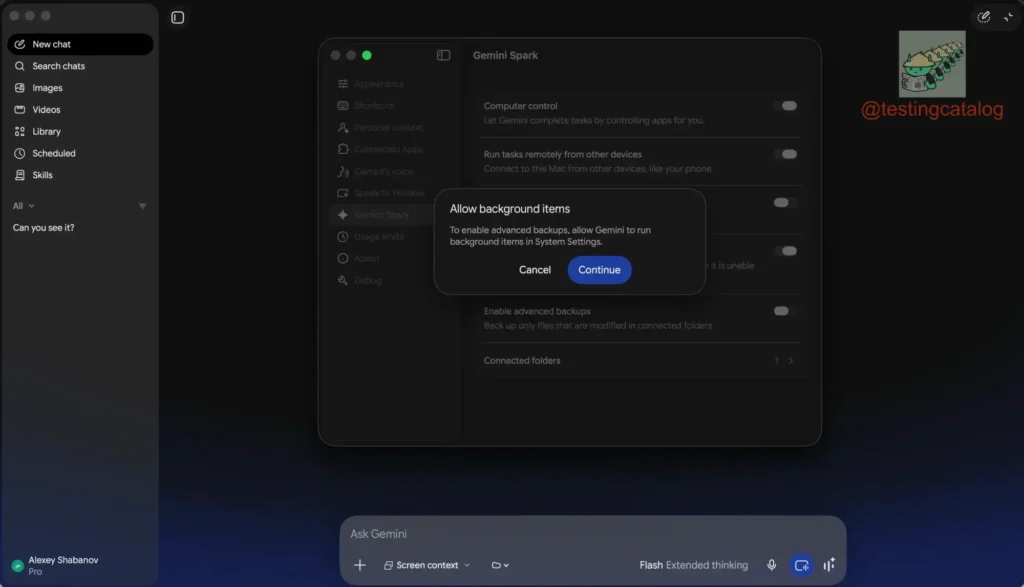 Gemini Desktop testa Computer Use para controlar apps 5 Tela de configurações relacionada a backup e permissões do Gemini Desktop