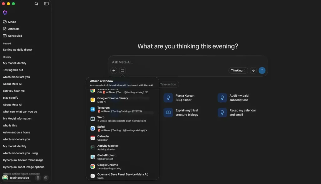 Interface do Meta AI para macOS com recursos de compartilhamento de tela