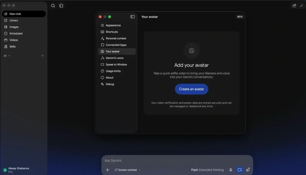 Gemini 4: Google prepara avatares e plugins 1 Tela do Gemini desktop com indícios de avatares e plugins