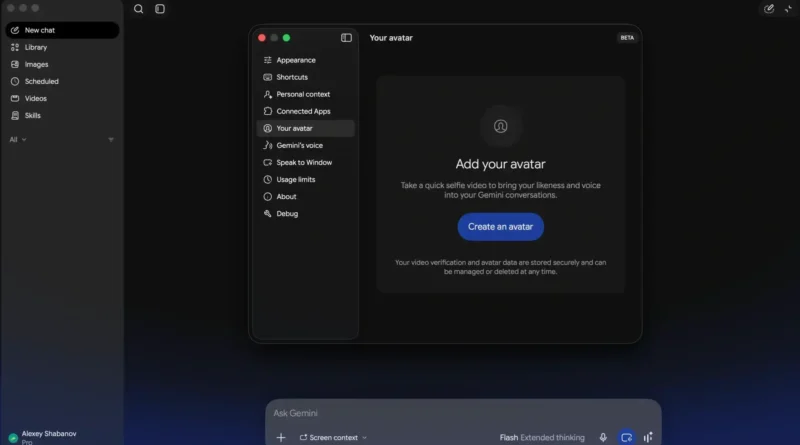 Tela do Gemini desktop com indícios de avatares e plugins