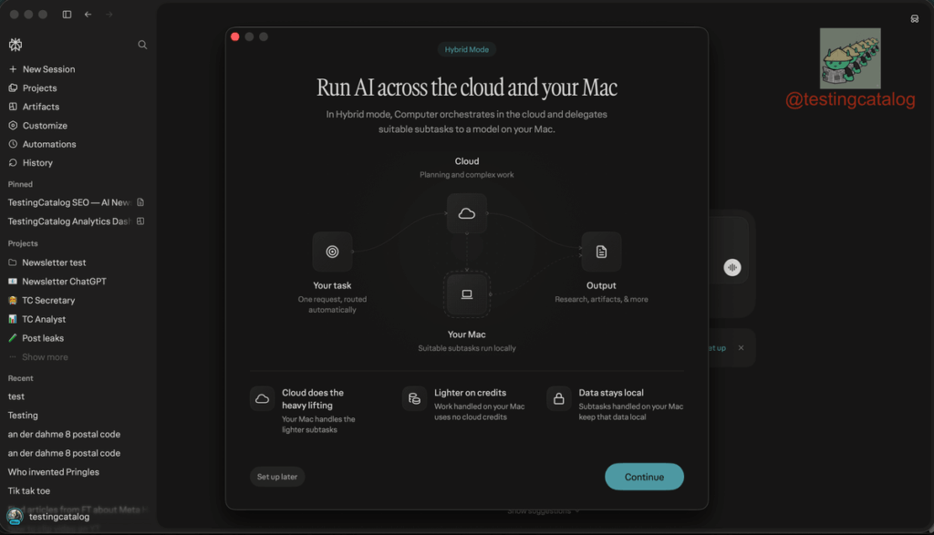 Tela do Perplexity Computer com opção de modo híbrido no Mac
