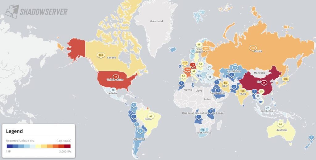 Servidores Gitea vulneráveis: falha em exploração 3 Gráfico da Shadowserver mostra instâncias Gitea vulneráveis expostas na internet