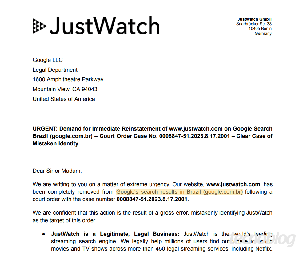 JustWatch some do Google no Brasil após ordem judicial 3 Captura de tela do comunicado do JustWatch sobre busca Google