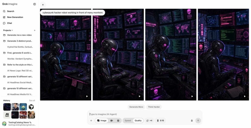 Grok Imagine Image 2.0 chega ao Quality Mode 3 Imagem cyberpunk gerada no Grok Imagine Image 2.0 com robô e monitores