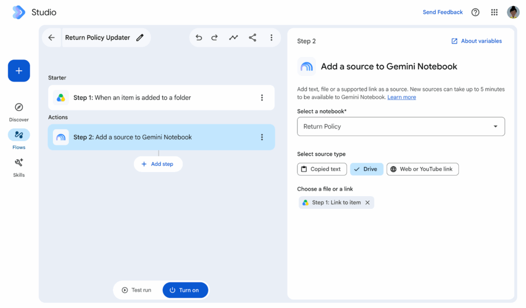 Gemini Notebooks ganha automação de fontes no Workspace 1 Interface do Google Workspace Studio mostrando a automação para adicionar fontes ao Gemini Notebooks
