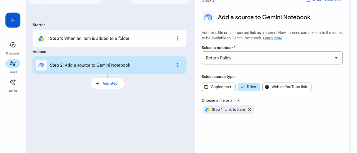 Interface do Google Workspace Studio mostrando a automação para adicionar fontes ao Gemini Notebooks