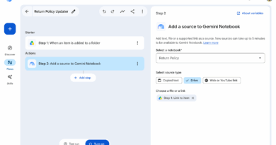 Interface do Google Workspace Studio mostrando a automação para adicionar fontes ao Gemini Notebooks