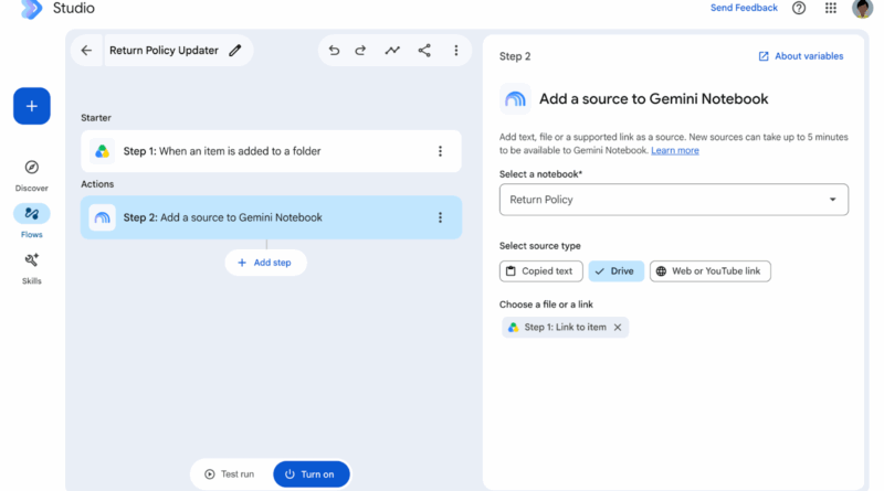 Interface do Google Workspace Studio mostrando a automação para adicionar fontes ao Gemini Notebooks
