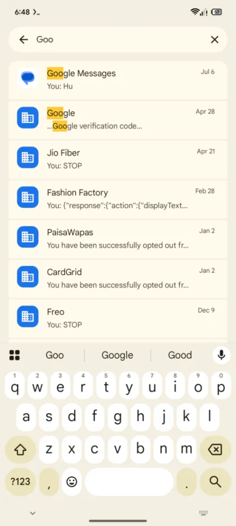 Busca do Google Messages deve ganhar um novo visual 8 messages search results current 486w 1080h.png