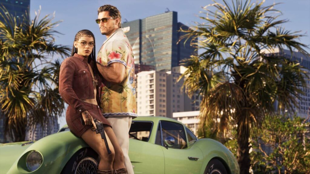 Jason e Lucia em imagem promocional de GTA 6 ambientada em Vice City