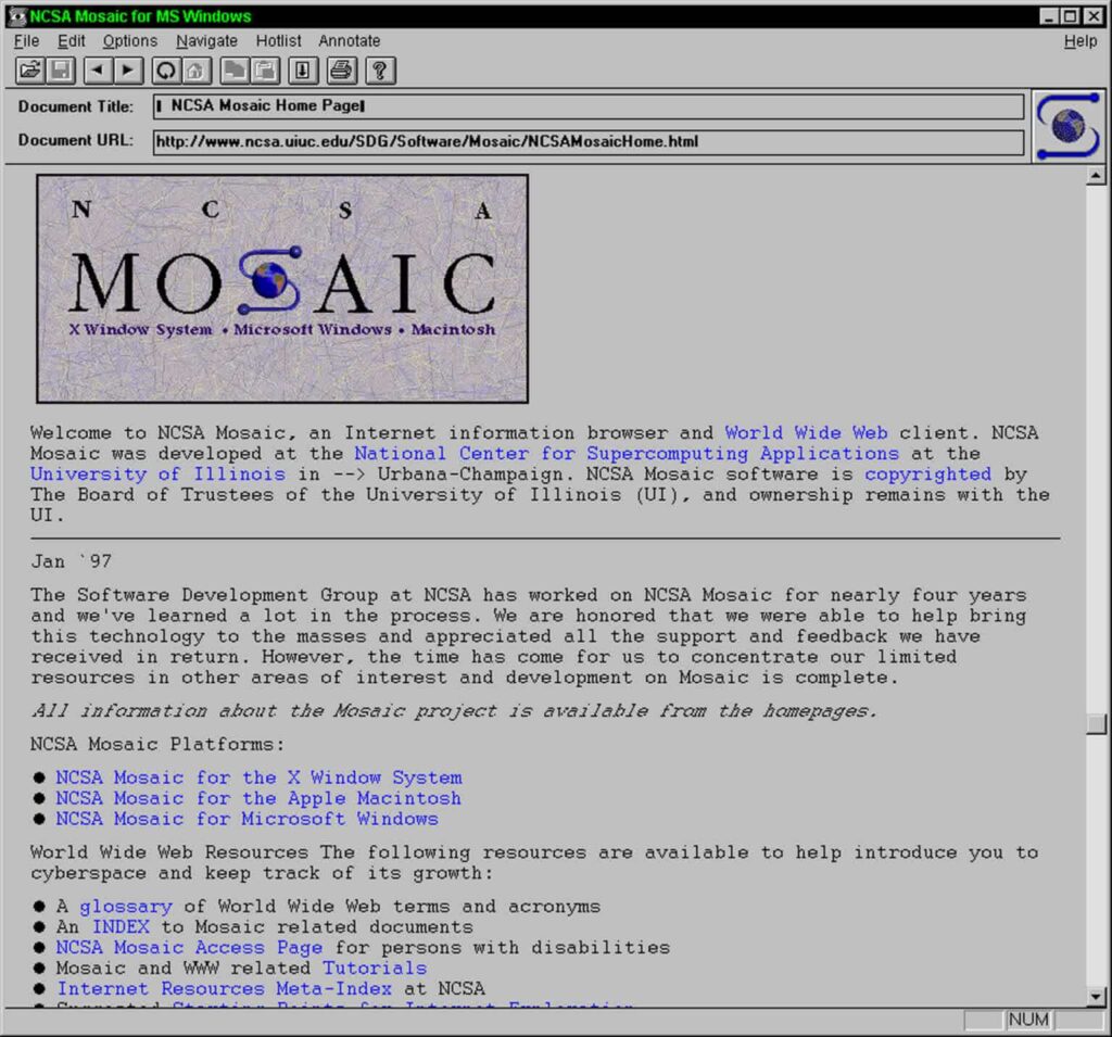 Primeiro navegador web popular: como o Mosaic mudou tudo 1 Ilustração do Mosaic, primeiro navegador web amplamente utilizado em 1993