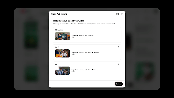 Novas ferramentas do YouTube ampliam IA para criadores 3 Interface de testes A B para vídeos no YouTube Studio