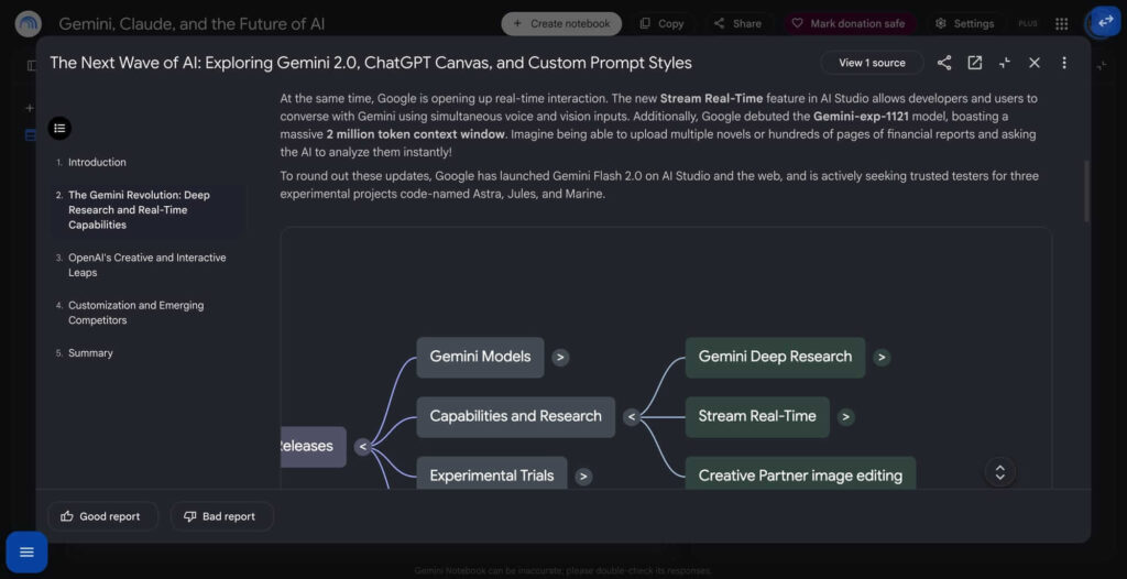 Relatórios interativos do Gemini Notebook: como funcionam 3 Interface do Gemini Notebook com relatório e recursos de estudo interativos