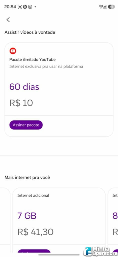 Vivo Easy: YouTube ilimitado por R$ 10 volta ao app 3 Tela da oferta de YouTube ilimitado no aplicativo Vivo Easy