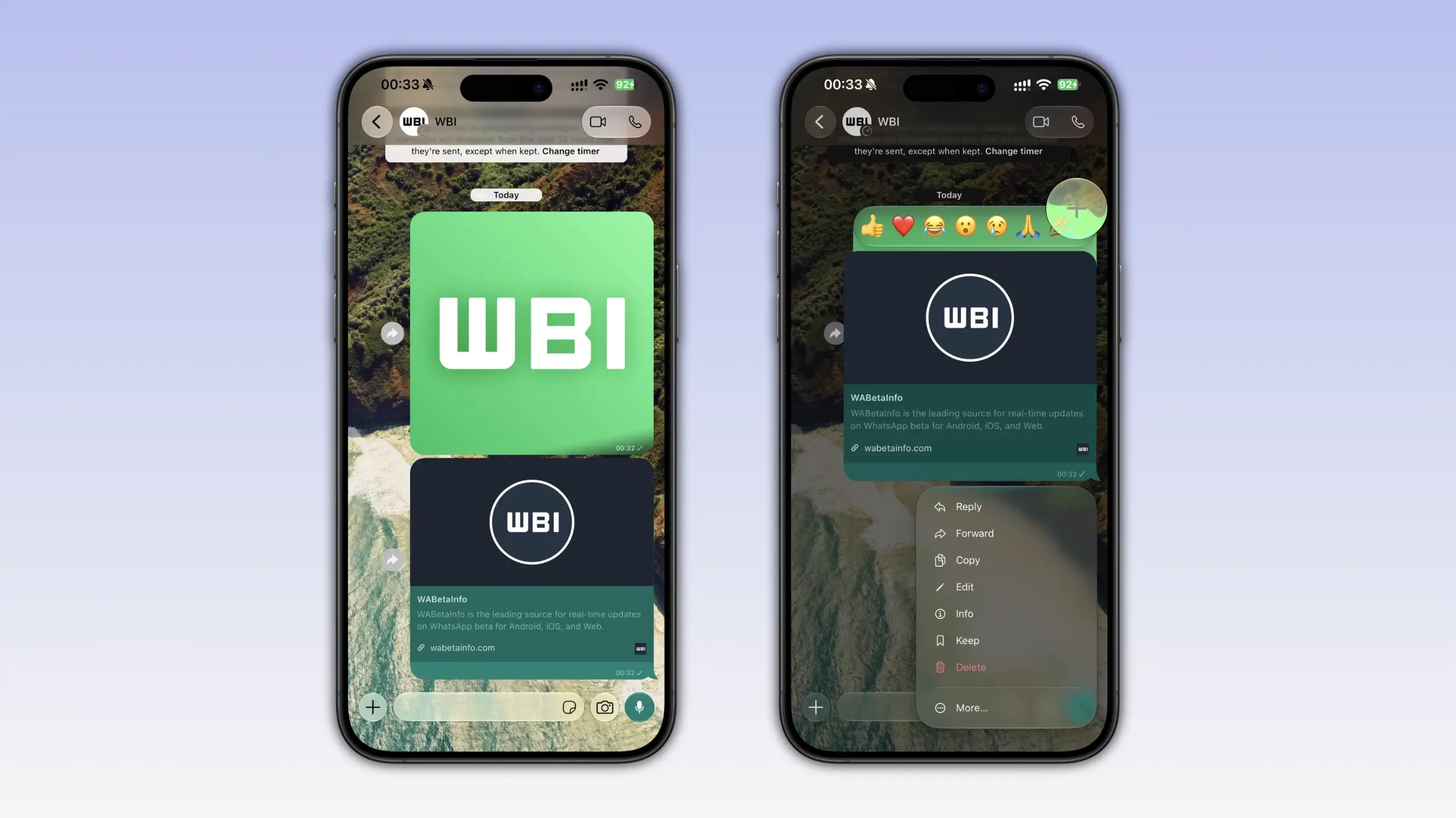 WhatsApp Liquid Glass chega à tela de chats no iPhone 2 WhatsApp Liquid Glass na interface de chat do iPhone com menus translúcidos
