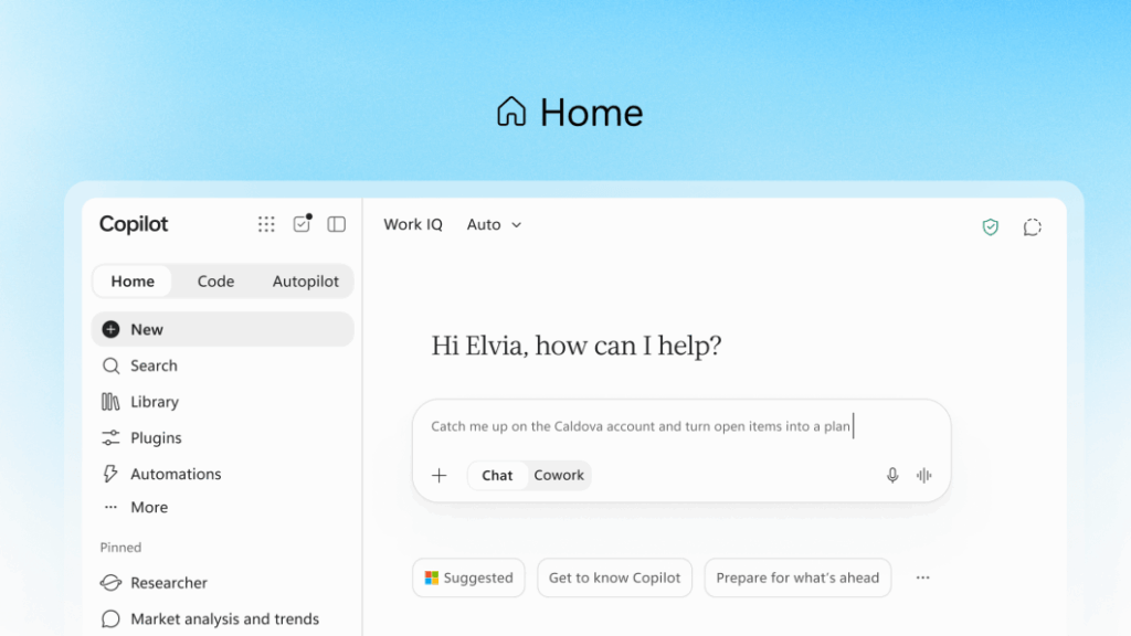 Autopilot da Microsoft: agente de IA 24 horas 4 Aba Home do Copilot reúne chat, tarefas, emails e agenda