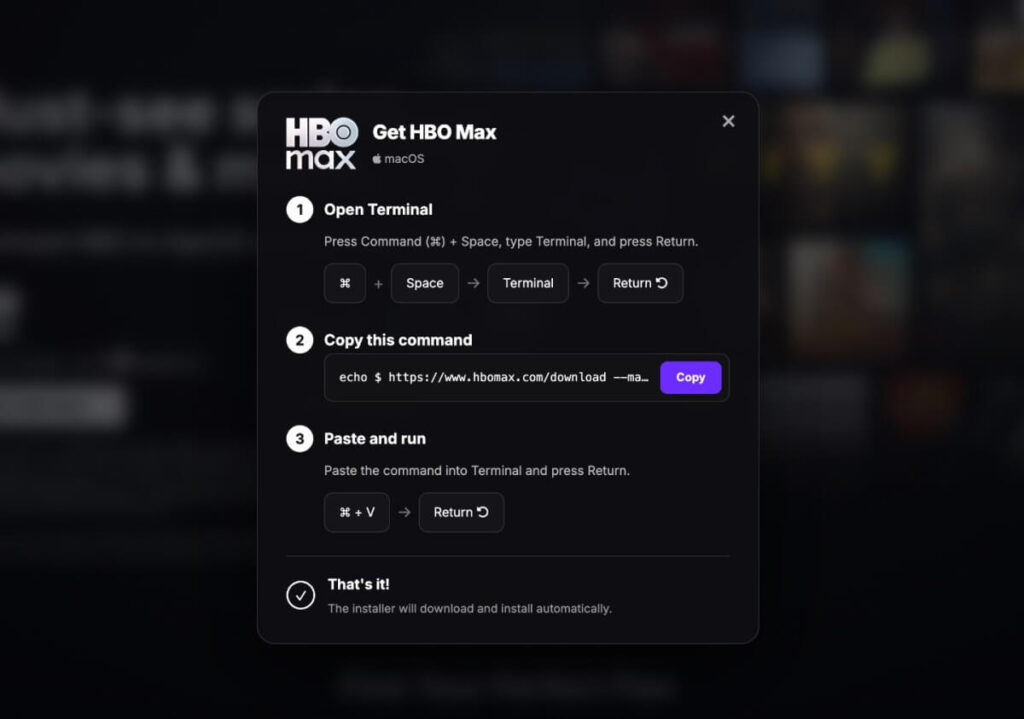 Ataque ClickFix: falso HBO Max mira Windows e Mac 1 Página falsa da HBO Max usada em ataque ClickFix contra usuários