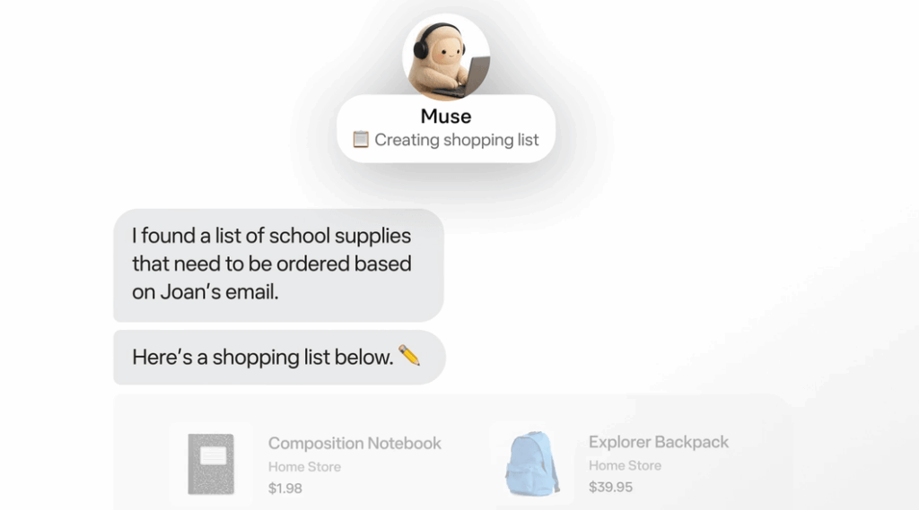 Interface do Meta Muse exibindo sugestões de compras e autorização de pagamento
