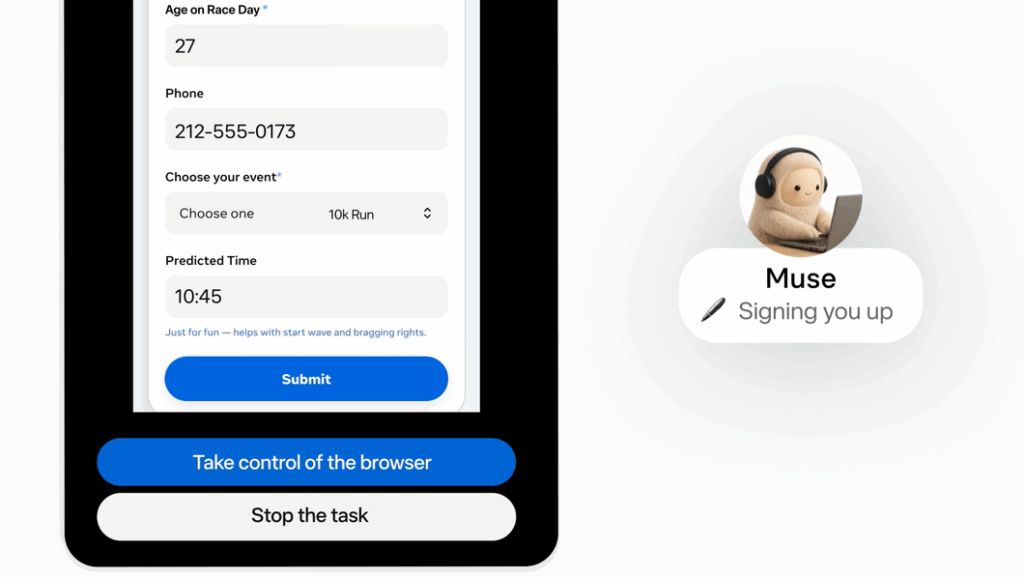 Interface do Meta Muse exibindo sugestões de compras e autorização de pagamento