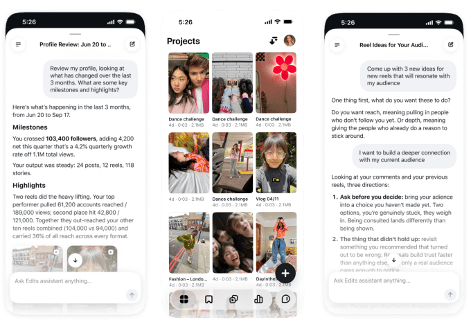 Editor de vídeo com IA do Instagram chega ao Edits 3 editor de video com IA do Instagram Tela do Edits mostra assistente de inteligência artificial para análise de vídeos