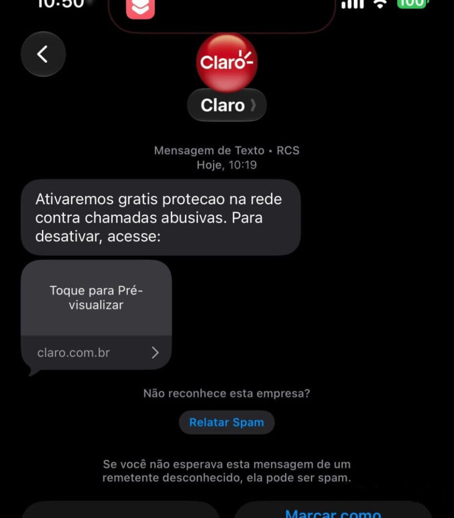 Claro Chamada Segura bloqueia telemarketing abusivo 3 SMS da Claro informa inclusão no serviço Claro Chamada Segura