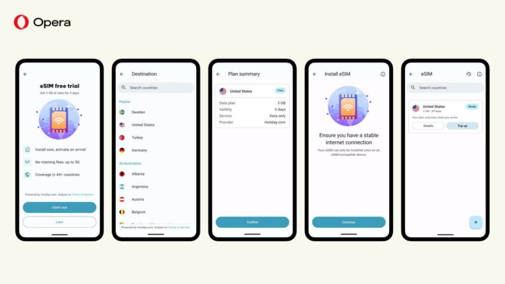 eSIM do Opera para Android dá 3 GB grátis em viagens 3 Tela de ativação do eSIM integrado ao Opera para Android