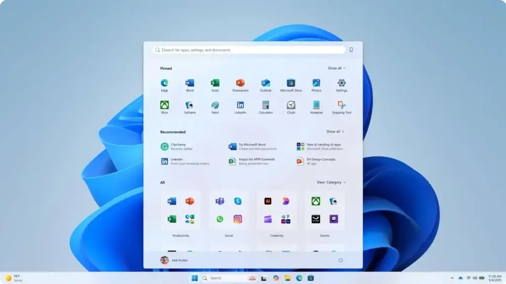 Windows 11 26H2: novidades e como atualizar 5 Menu Iniciar renovado no Windows 11 26H2 com pesquisa local