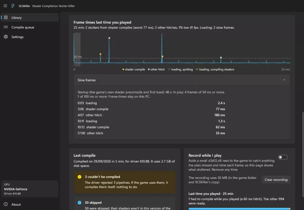 Interface relacionada ao SCSKiller e cache de shaders para jogos