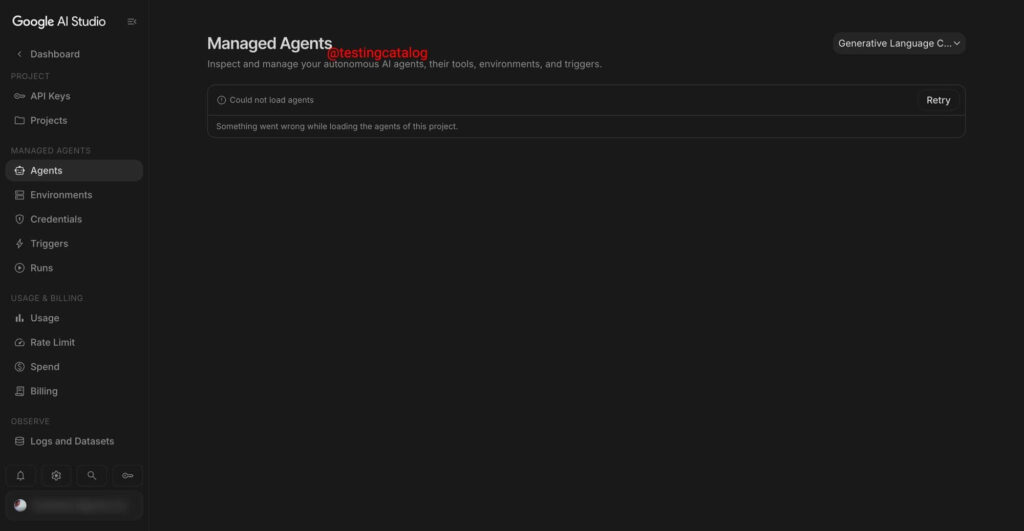 Tela do Google AI Studio com opções para agentes gerenciados