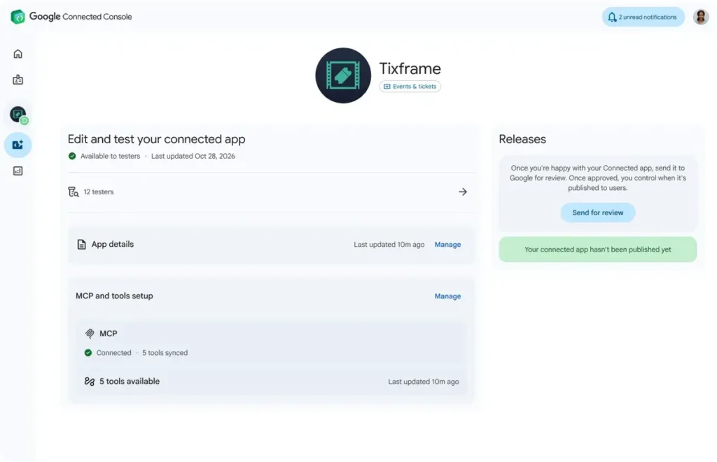 Interface do Google Connected Console para editar e testar aplicativo conectado