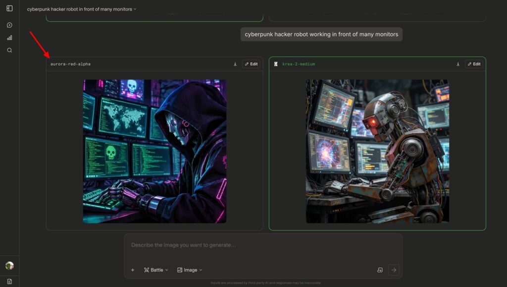 Tela do Arena com testes dos modelos Aurora da OpenAI