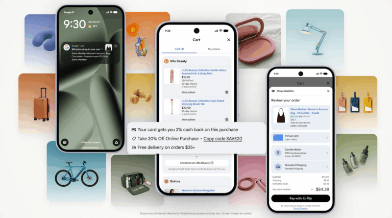 Tela do Google Universal Cart reúne produtos, preços e varejistas em carrinho único