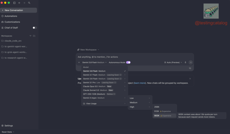 Interface Antigravity com referências ao Gemini 4 Argon e opções de contexto