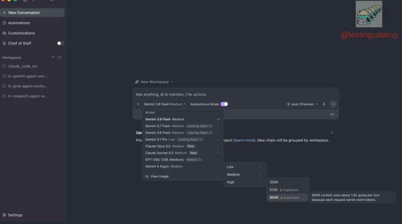 Interface Antigravity com referências ao Gemini 4 Argon e opções de contexto