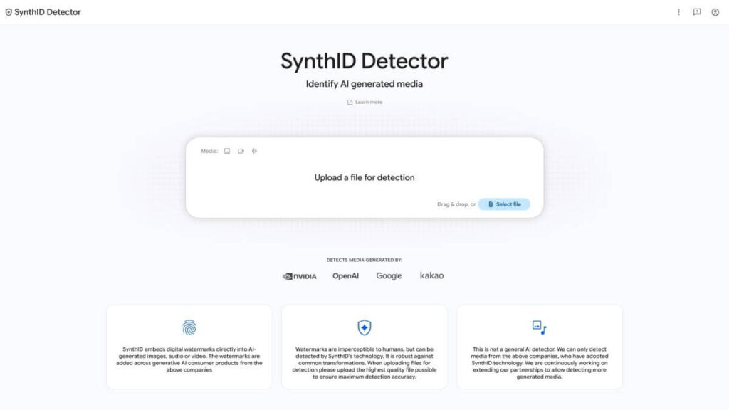 Página do SynthID do Google para verificar mídia gerada por inteligência artificial