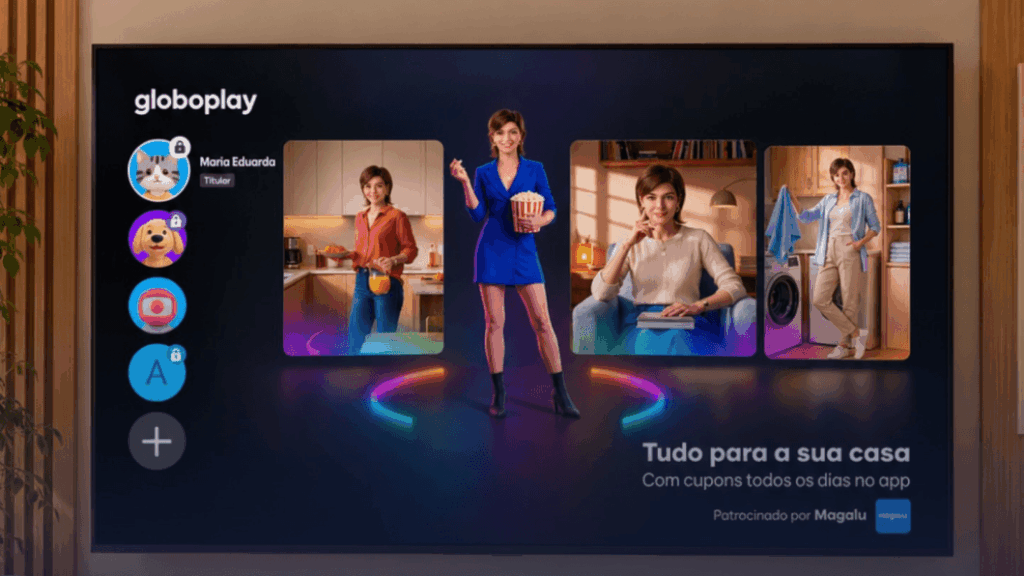 Welcome Ads do Globoplay: anúncios no login 1 Tela do Globoplay ilustra publicidade Welcome Ads antes da seleção de perfil