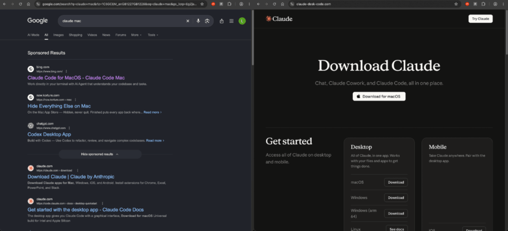 Ataques Claude ClickFix usam Google Ads e Bing 4 Anúncio do Google com redirecionamento Bing levando à página falsa do Claude