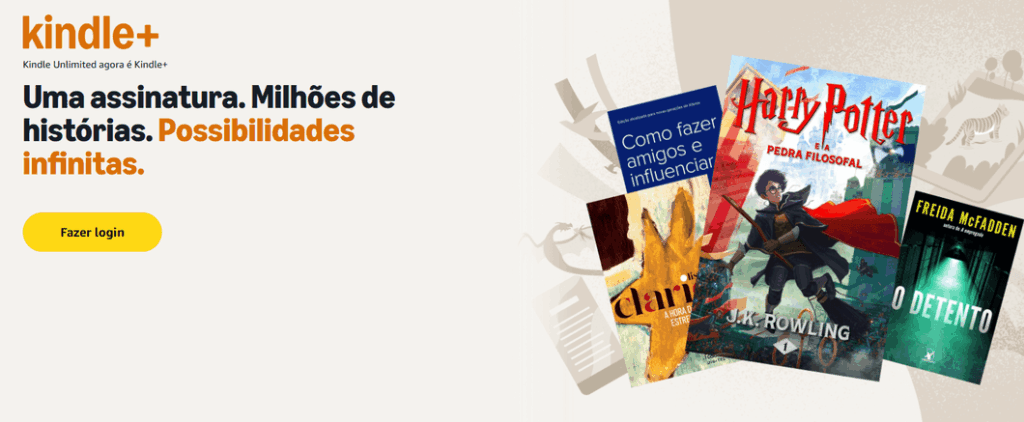 Kindle+ substitui Kindle Unlimited: o que muda no Brasil 3 Página brasileira da Amazon mostrando a nova marca Kindle+