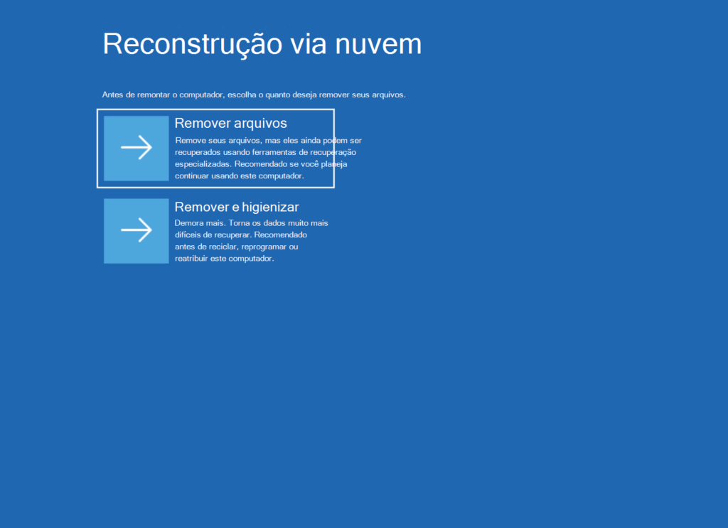 Opção Reconstrução via Nuvem exibida no WinRE do Windows 11