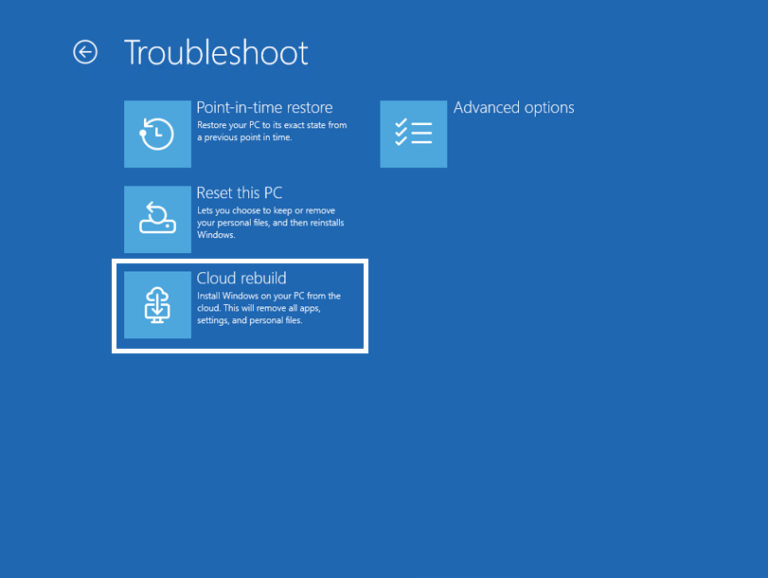 Cloud Rebuild no Windows 11: como restaurar 18 Tela do Cloud Rebuild do Windows 11 para reconstrução via nuvem