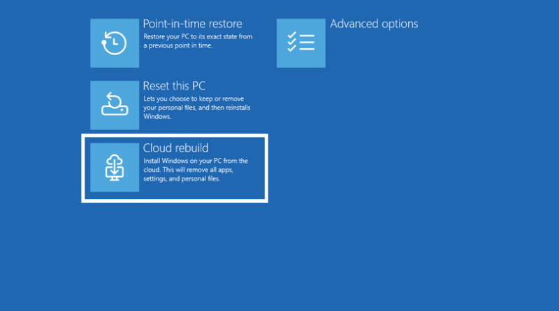 Tela do Cloud Rebuild do Windows 11 para reconstrução via nuvem